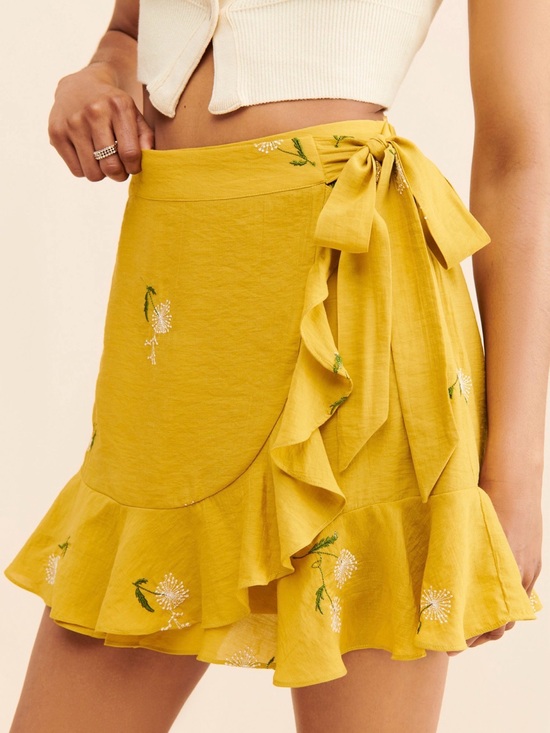 g.p.d. Dresses & Skirts - Anthropologie G.P.D. Embroidered Mustard Tie-Waist Ruffle Mini Skirt